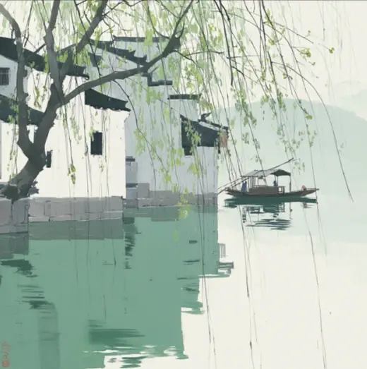 Ink Water Town Boat – AI image example